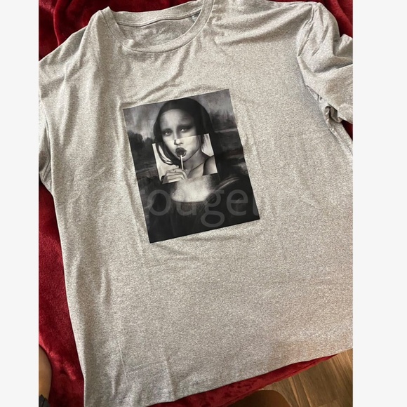 Gray Oversized Tee Crewneck Short Sleeve Printed Black White Appliqué Mona Lisa - Picture 8 of 8